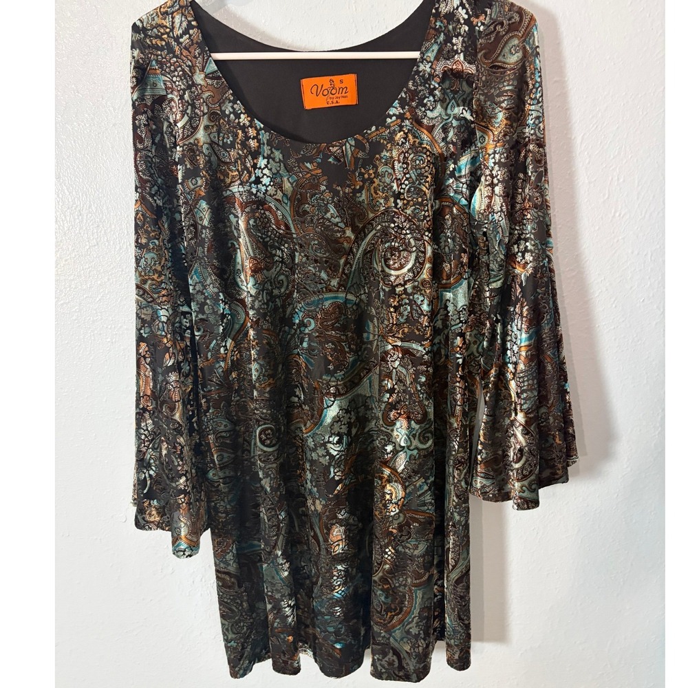 Voom by Joy Han Paisley Metallic Bell Sleeve Mini Dress Tunic S Whimsigoth Fairy
